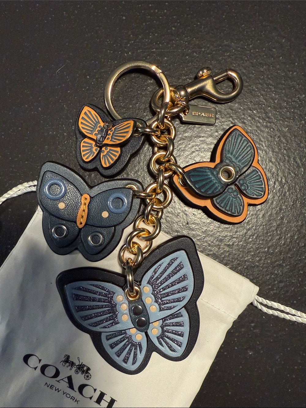 Coach Blue Butterfly Leather Keyring Charm - Picture 2 of 6